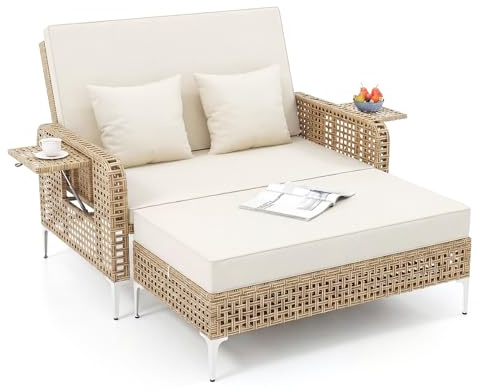 LIFEZEAL Rattan Lounge Möbel, Balkonmöbel Sonnenliege mit Verstellbarer Rückenlehne, 2-Sitzer Gartensofa mit Seitentisch & Ottomane, Outdoor Doppelliege mit Liegefunktion für 2 Personen