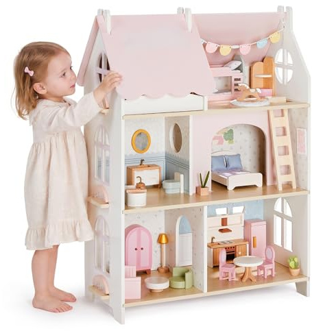 Puppenhaus Holz für Mädchen ab 3 Jahren, 3-Stöckiges Puppenhaus mit 33 Möbelteilen & Pastellfarben, Großer Holzspielhaus Krippe mit Klemmfixierung, Kindermöbel