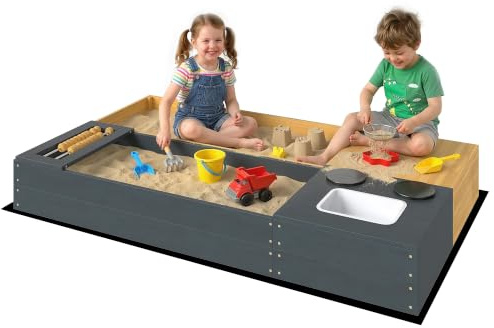 AIYAPLAY Sandkasten mit Sitzbank Stauraum Herd 2-teilig 150 x 90 cm Gelb | Sandkiste aus Holz, Herausnehmbarem Waschbecken, Abakusperlen, Sandbox, für Kinder von 3-8 Jahren, Outdoor, Garten