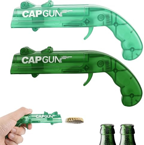 2 Pcs Beer Bottle Opener Cap Gun, Funny Cap Gun Bottle Opener Launcher Shooter, Caps for Cap Gun for Shooting Game Home Bar Party Christmas, Gift for Him(Transparent Blue-Green + Beer Bottle Green)