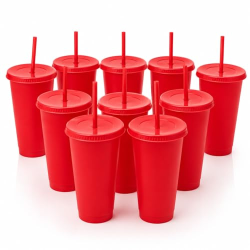 Hispavir | Pack 10 Vasos Reutilizables con Tapa y Pajita 710 ml – Vasos Grandes de Colores para Fiestas, Cumpleaños, Piscina y Eventos – Vasos de Plástico Reutilizables con Pajita (Rojo)