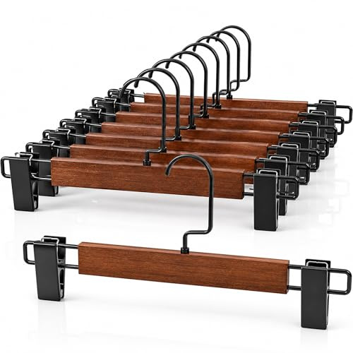 AJIEQAQ 10 Stück Hosenbügel aus Umweltfreundlichem Naturholz, Rockbügel mit Verstellbaren Anti-Rutsch Clips & 360° Drehbarer Haken, Massivholz Kleiderbügel für Hosen, Röcke und Shorts (Walnuss-Optik)