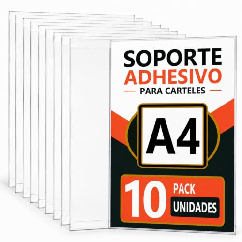 Roxpit Soporte Adhesivo A4 Transparente de Pared, Pack de 10 Unidades, Expositor Antirreflejos para Carteles, Horarios, Promociones, Menús y Señalización para Oficinas, Tiendas y Recepciones