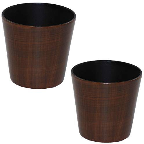 happy nature Set2 2 Keramik Übertöpfe Korfu mit Bali Holzdekor Ø 13,5 cm Höhe 13,0 cm