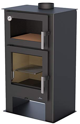 BRONPI Horno de Leña GIJÓN-H, 11 kW, Doble Combustión, Vidrio Limpio, Negro, Montaje en Pared, Moderno, Interiores, Chimenea, Calefacción de Leña, Incluye Parrilla