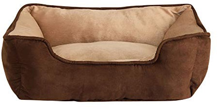 lionto Hundebett 2-in-1 mit komfortablem Einstieg, kuscheliges Heimtierbett zum Wenden für Hunde und Katzen, 60x50 cm, Hundekissen in pflegeleichter Wildlederoptik, braun/beige
