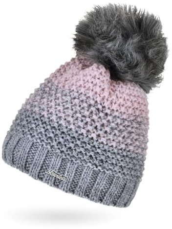 Neverless® Damen Strick-Mütze gefüttert Fleece Fell-Bommel Kunstfell Winter-Mütze Bommelmütze Grobstrick Mehrfarbig