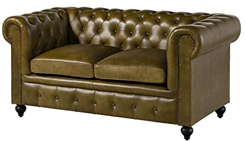 MASSIVMOEBEL24.DE | Chesterfield Sofa 2-Sitzer aus Echtleder #302 | aus echtem Büffel-Leder - Grün | 158x82x75 cm | mit Nieten | Couch Polstercouch 2er Sitzer