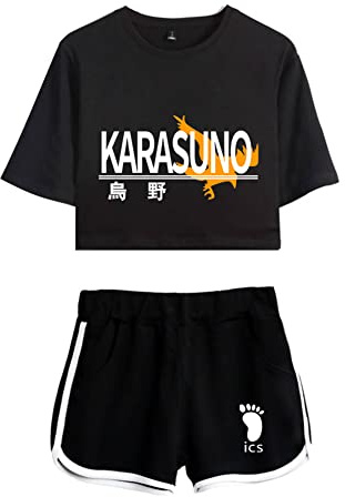LKY STAR Damen Anime Sets Haikyuu Merch T-Shirt und Shorts 2 Stück Karasuno Crop Top & Shorts Cosplay Modisch Sport-Sets Hinata Shoyo