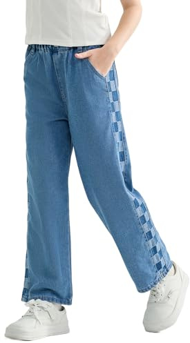 Rolanko Mädchen Jean Hosen Loch Denim Blau Jeans, Vintage Hose mit weitem Bein für Kinder Fit