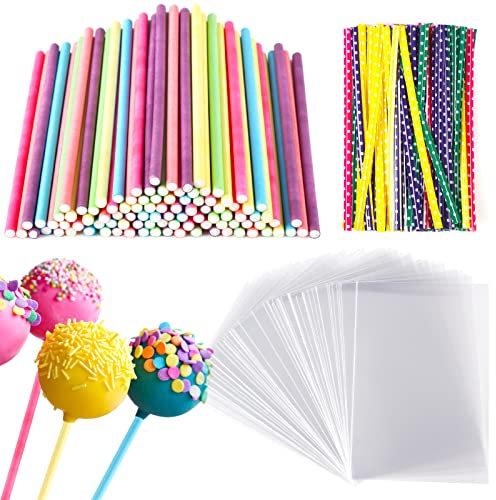 Yoosso Juego de 300 Piezas Cake Pop, 100 Bolsas Transparentes para Chuches + Palitos para Cake Pops de Colores + 100 Bridas, Cake Pops DIY