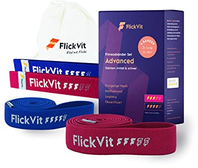 FlickVit Textile Fitnessbänder Sets (Physio, Beginner, Advanced, Professional) mit Long-Bands & Mini-Bands in 5 Stärken mit Tragebeutel, Klimmzugband, Widerstandsbänder, Gummiband Sport, Theraband Set