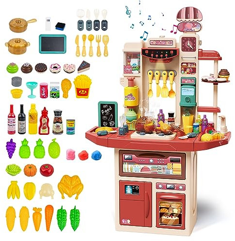 RedCrab Kinderküche Spielküche Küchenset, 110cm Kinderspielküche mit Spüle Herd Kochgeschirr Kühlschrank Öfen, 88 Küchenzubehör mit Dampf-Effekt und Licht & Sound Küchenspielset für Kinder (Rot)