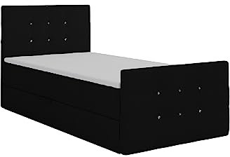KEF Paris Mini Boxspringbett 80x200 cm - Bett mit Matratze und Topper - mit Bettkasten - Polsterbett mit Kopfstütze - Bonell-Matratze H3 - Schwarz Enjoy