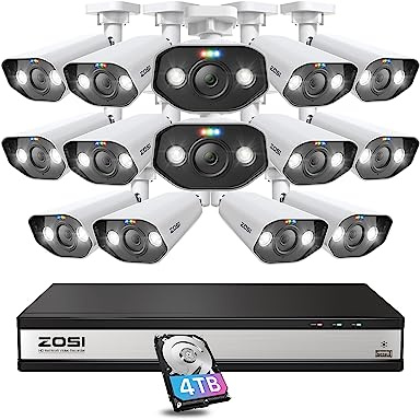 ZOSI 16CH 5MP PoE CCTV Camera System, 14Pcs Outdoor Waterproof PoE IP Cameras and 4TB Hard Drive NVR,AI Human Detection,2-Way Audio,Color Night Vision,Smart Light Siren