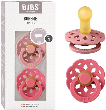 BIBS Boheme Schnuller, 0-6 Monate, 2er-Pack, Dusty Pink/Coral | Runder Sauger | Naturkautschuklatex | Größe 1 | BPA-frei | Hergestellt in Dänemark | Hohe Akzeptanz | Luftlöcher