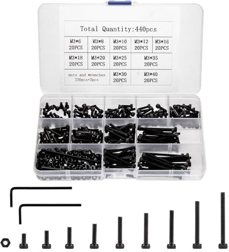 440 Stück M3 Schraubensatz, Schwarz Sechskantschrauben mit Muttern und Unterlegscheiben, Schrauben Muttern und Unterlegscheiben Sortiment, Sechskantschrauben-Satz mit 2 Stück Schraubenschlüsseln