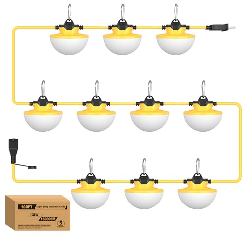 YXL 16000LM 130W Construction String Lights, 100FT Industrial LED String Work Lights, IP65 Waterproof 18AWG Wire 5000K Super Bright for Construction Sites Temporary Work Jobsites Outdoor Lighting