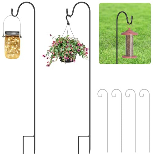 OFFCUP Shepherds Crook-krokar, 2 st 75 cm fågelmatarstång med bas, justerbar höjd herdekrokar med 4 st platshållare, fågelmatare hängande station för trädgårdsljus, fågelmatare etc