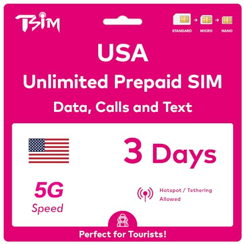 Carte SIM USA pour voyager aux États-Unis. Prépayée. Réseau T-Mobile avec données illimitées, appels et SMS. Nouvelle carte SIM 5G mise à niveau (3 jours)