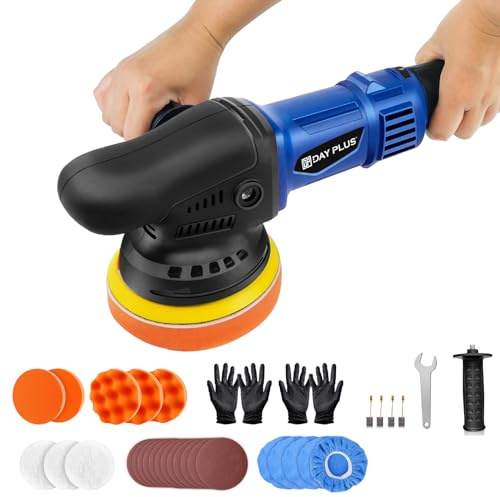 Dual Action Polierer Elektro-Poliermaschine Kit 2m Stromkabel, 120mm leichtes Puffer-Kit 6 variable Geschwindigkeit, mit Seitengriff, Schwamm-Pads, Zubehör für Auto Wachsen, Polieren