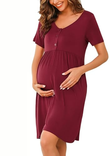 Bresdk Camicia da Notte per Allattamento Donna con Bottoni Estiva Manica Corta Parto Ospedale Morbidi Eleganti Abiti Premaman, Vino Rosso, M