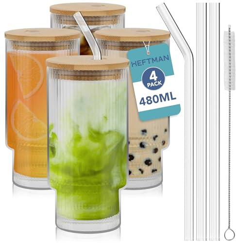 HEFTMAN Bicchieri a coste, 480 ml, 4 bicchieri impilabili in vetro con coperchi in bambù e cannucce di vetro, set di bicchieri da caffè ghiacciato, con 2 spazzole per la pulizia