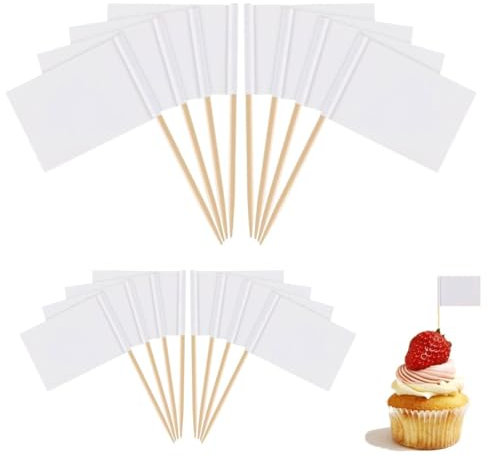 LEEQ 100pcs Bandera con Palillos - Banderas en Blanco, Diseño de Banderas de Queso Alimento Bandera de Palo de Etiquetar para Cupcakes, Comidas, Frutas, Decoraciones de Fiesta