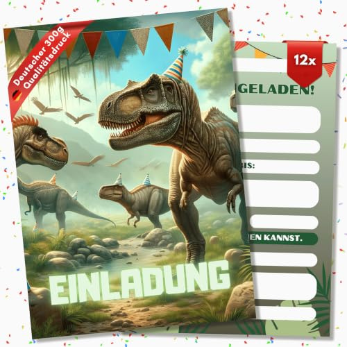 HIDEBLOOM Dino Einladungskarten Kindergeburtstag Junge - 12 Stück - DIN A6 (10,5 cm x 14,8 cm) - Einladung Geburtstag - Geburtstagseinladungen Dinosaurier