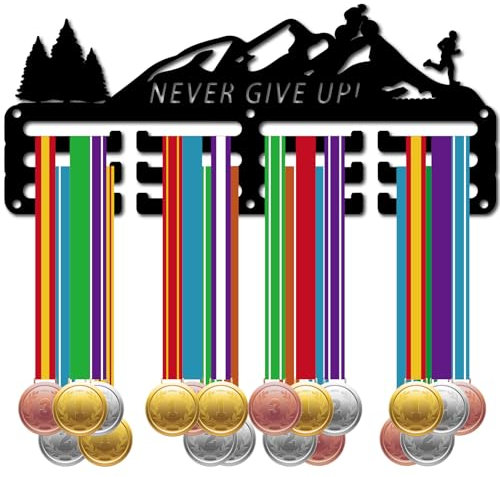 CREATCABIN Never Give Up Medaillenaufhänger Display Medaillenhalter Rackrahmen Eisen Wandmontage Kleine Sportmedaillenhaken Organizer Zum Aufhängen von 40+ Medaillen Abzeichen Laufen 29x12.4cm Schwarz