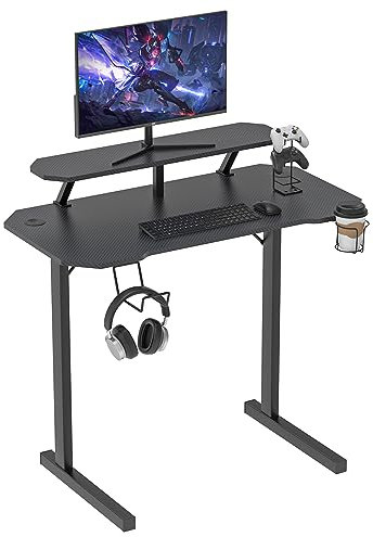 Mesa Gaming Computadora, Ergonómico Escritorio Gaming de Ordenador, Escritorios con Tablero de Fibra de Carbono, 100x54x74cm Mesa Gamer con Portavasos y Gancho, Negro Escritorio Gamer