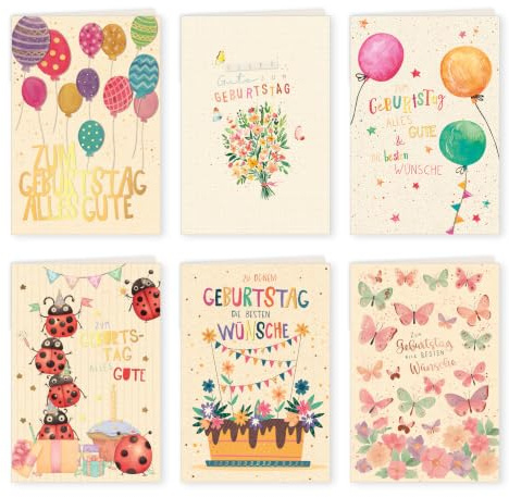 GreenLine Geburtstagskarten, 6 Stück mit Umschlag | Glückwunschkarte aus 100% baumfreien Zuckerrohrpapier, Plastikfreie Verpackung | Klappkarte zum Geburtstag | 11,5 x 17 cm