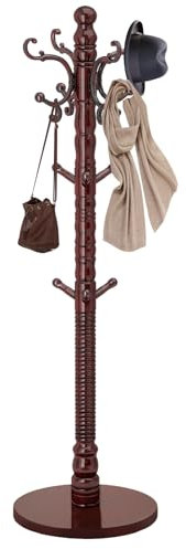 LOZABEE Garderobenständer aus Holz, freistehend mit stabilem runden Sockel, klassische Garderobe mit 14 Haken, natürliches Birkenholz, Standmantel für den Eingangsbereich (rundes Vintage-Rundgestell)