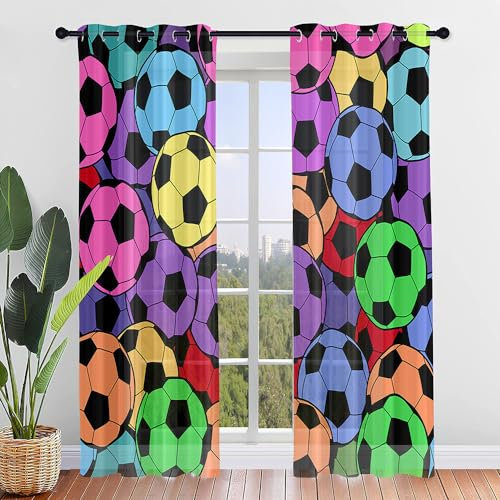 Surwin Fußball-Druck Gardinen mit Ösen, 2er Set Drucken Vorhänge, Modern Transparent Vorhänge Wohnzimmer Polyester Gardinen Küche Fenster Wohnzimmer Schlafzimmer (Mehrfarbig,132x244cm)