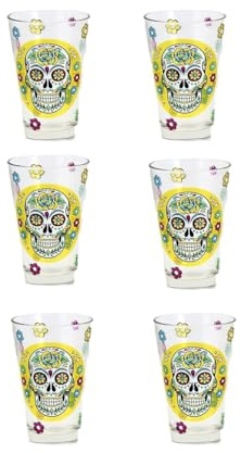 350ml Glas | Mexican Skull Wassergläser | Totenkopf Gläser, Schädel Cocktailgläser Trinkgläser, Graffiti Style -Trinkbecher, Perfekt für den Tisch, Restaurants, Bar, Geschenk 6er Set Skull Gläser
