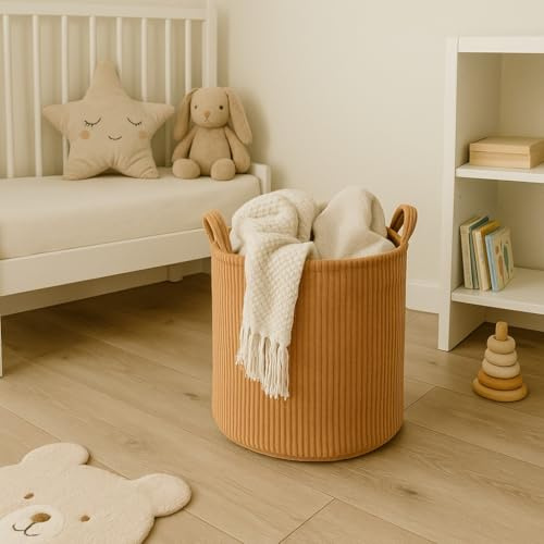 PUTSKA Blanket Basket – Round Storage for Blankets, Clothes, Stuffed Animals – Soft Baby Girl Basket for Nursery, Kids Room, Bedroom, Living Room – Regular, Brown