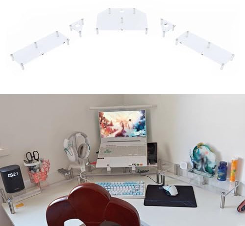 Monitorständer Großer Monitorständer aus Acryl für 3 Monitore, Computer-Monitorständer für Eckschreibtische mit Beinen aus Edelstahl, Durchsichtiger Bildschirmhalter mit Doppelter Laptop-Ablage(H 8.7c