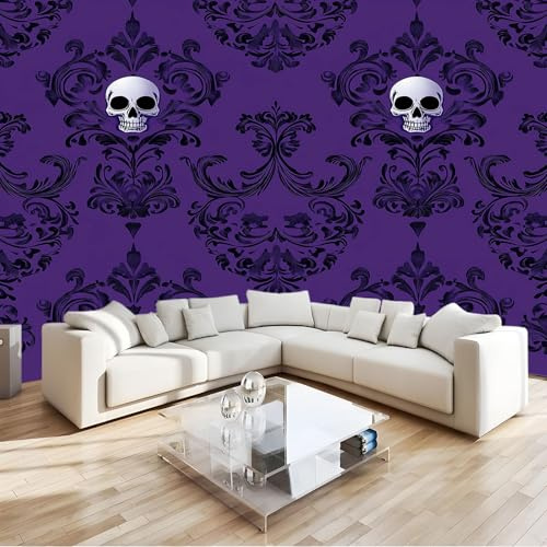 Halloween Papel Pintado Pared Panorámico Cráneo Gótico De Damasco 300 x 210 cm Fotomurales No Tejido, Murales Decoración de Pared, Póster Gigante de Pared Personalizado 3D Para Salón Dormitorio