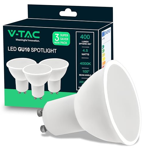 V-TAC 3x Lampadine LED GU10-4,5W (Equivalenti a 35W) - 400 Lumen - Alta Luminosità - Faretto Led GU10 per Massima Efficienza e Risparmio Energetico - 4000K Luce Naturale - (Box 3 pezzi)