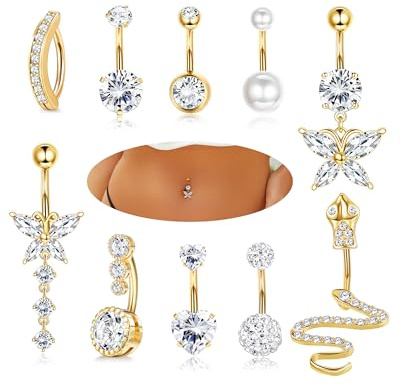 YADOCA 10Pcs 14G Piercing Nombril pour Femmes Acier Chirurgical Or Piercing Ventre CZ Papillon Serpent Clicker Nombril Anneaux Piercing au Nombril Ensemble Bijoux Piercing