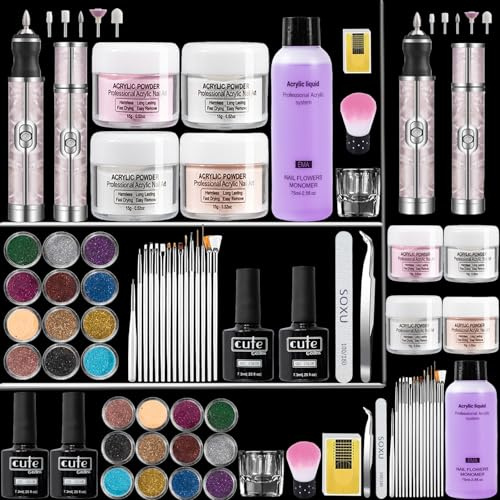 Kit d'ongles en acrylique : poudre acrylique 4 couleurs avec lime à ongles électrique – 75 ml liquide acrylique et perceuse à ongles Kit de pratique pour les amateurs de nail art