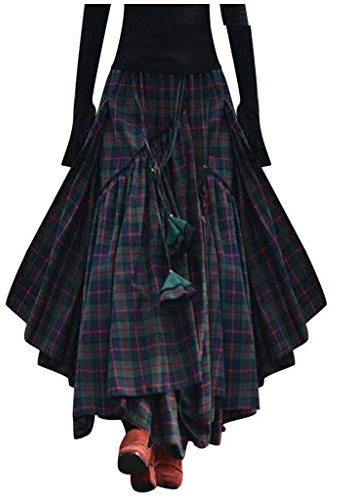 Gonne maxi a quadri da donna, rinascimentali, in tartan, con cintura regolabile, a strati irregolari, vintage, a vita alta, a trapezio, con elastico, lunga, taglia plus da S a 5XL, Verde, 3XL