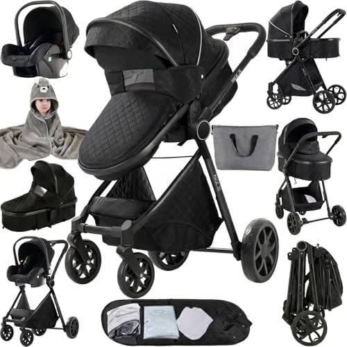 Sianldcone Barnvagn 3-i-1, högkvalitativa tyger barnvagnsset, öppen sikt kombibarnvagn 3 i 1 komplett set, tvåvägs glidfunktion resesystem (V9 Deep Grey)