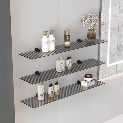 Euro Tische Glasregal 80 cm schwebend aus geriffeltem Grauglas mit schwarzer Halterung | Wandablage aus 6 mm ESG Sicherheitsglas | Stilvolles Wandboard für Bad, Küche & Wohnzimmer | Glasablage modern