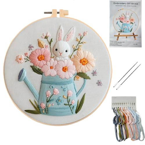 HSYTEK Embroidery Kit, Stickset für anfänger, Kreuzstich set Vorgedruckt, Mit 1 Hasenmuster, Sticknadel, Stickrahmen Ring und Stickgarn, Kreuzstich Set, Cross Stitch Kit, für DIY Kunst Nähen (Weiß 1)