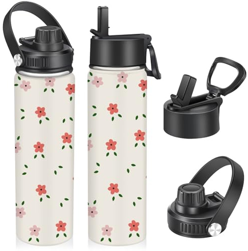 Isolierte Edelstahl-Wasserflasche,22oz/650ml Trinkflasche mit Strohhalm und 2 Auslaufsichere Deckel, Sport-Trinkflasche für Sport, Reisen, Fitnessstudio（Kleine rote Blume)
