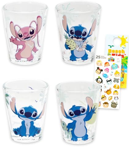 Disney Lilo and Stitch Lot de 4 verres à shot avec mini verres de 42,5 g avec autocollants Stitch Plus, plus de mini tasses