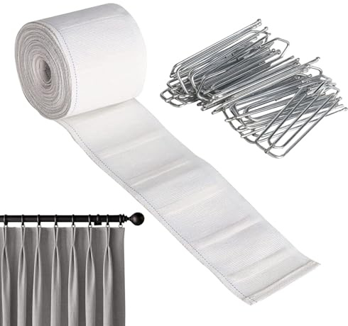 Cinta Pliegue Cortina - Rollo 6M con 15 Ganchos Acero Inoxidable 4 Púas | para Manualidades Cortinas, Drapeados, Accesorios Confección Hogar