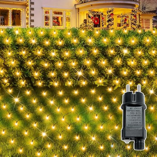 Eldzenith 2 Stück Lichternetz Außen 3x2m, Lichterkette Netz 250 LED Warmweiß mit Stecker, 8 Modi Lichternetz Innen, IP44 Wasserdicht, Weihnachtsbeleuchtung Außen Netz für Garten, Balkon, Hochzeit