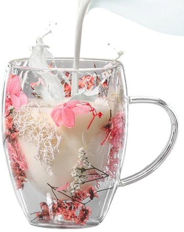 Tazas de café de doble pared, 350 ml, vasos de café de doble pared con flores secas, vasos de latte macchiatoo de doble pared, vasos de vidrio flores secas, regalos para mujeres, madres, profesores